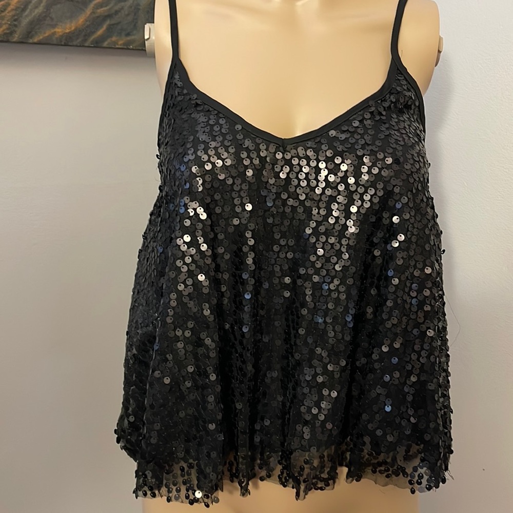 Altar’d State Black Sequin Adjustable Strap Black lined Shirt Size Small